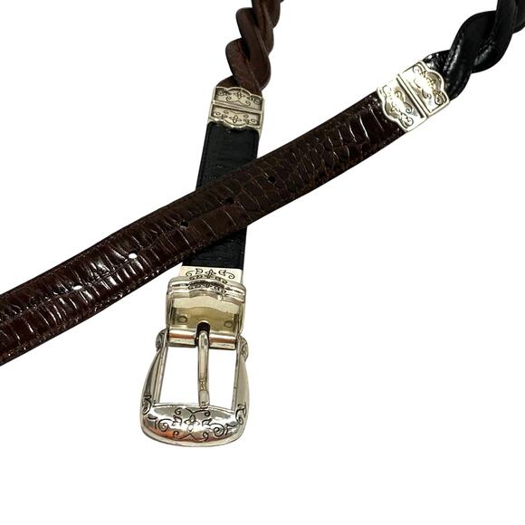 Dark brown & black reversible belt moc croc texture braided silver buckle 30" - Picture 9 of 9